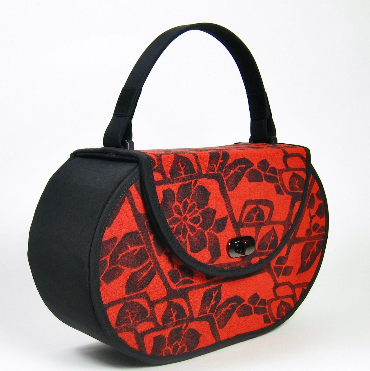 Oval Handbag - Black and Red Patterned