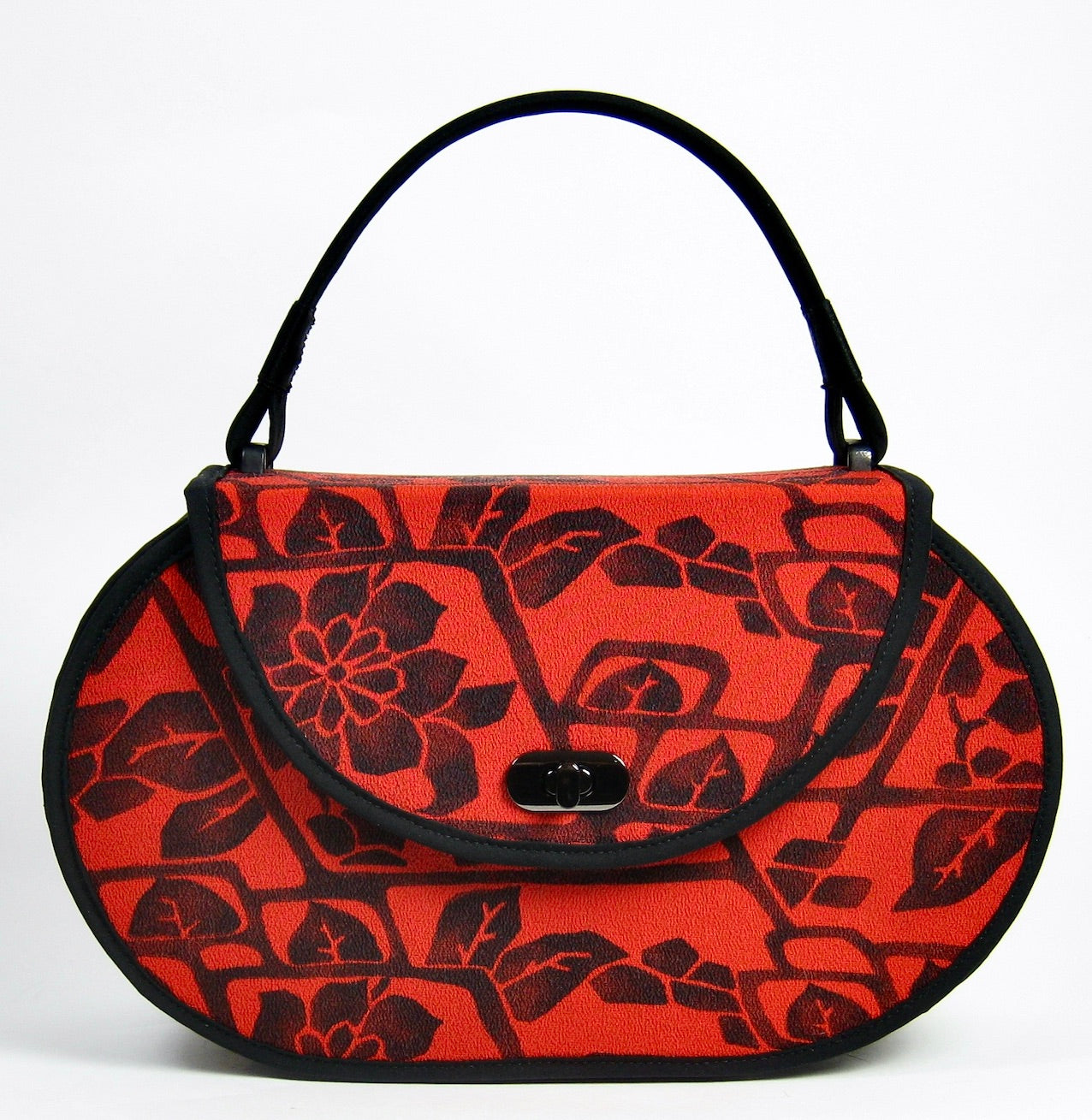 Oval Handbag - Black and Red Patterned